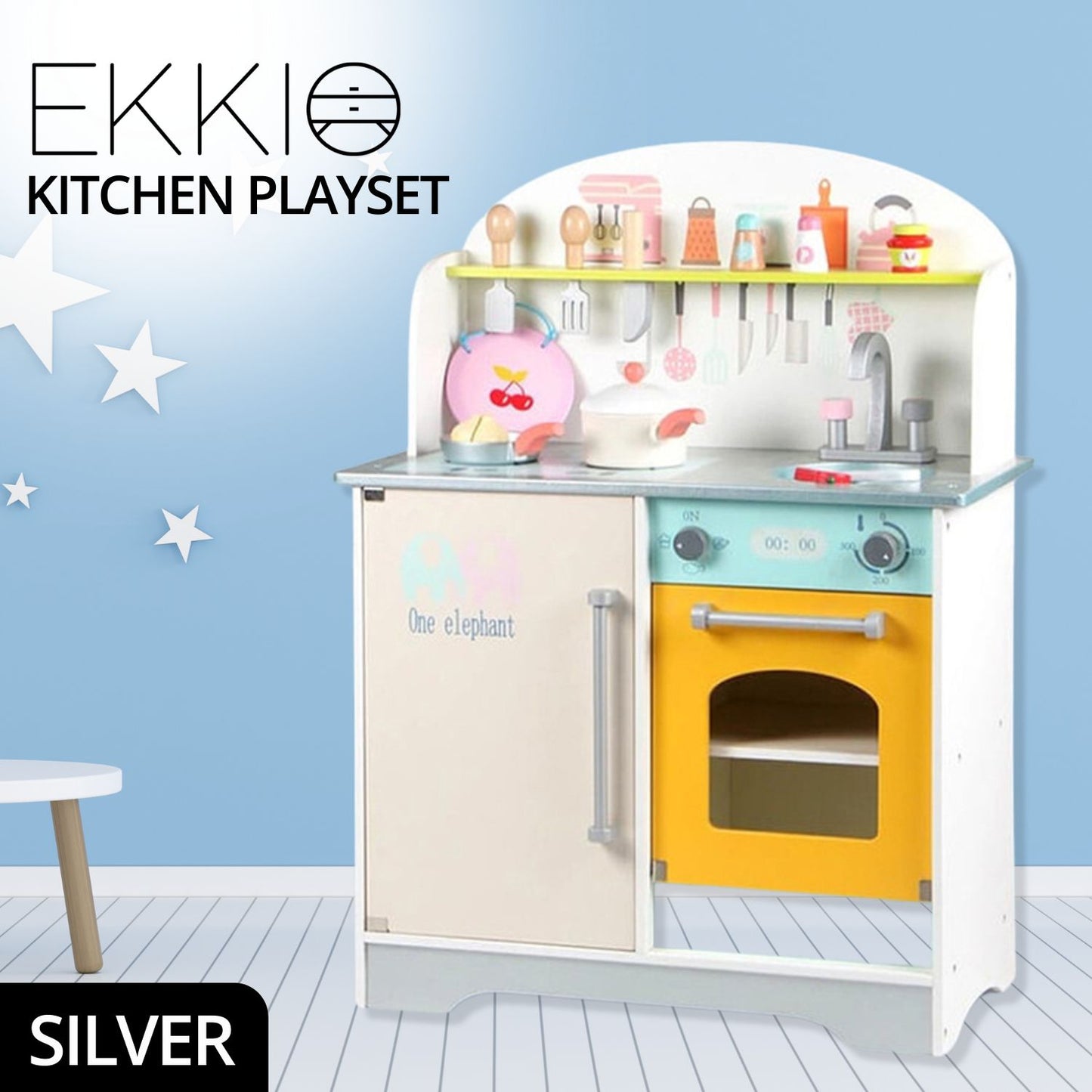 EKKIO Wooden Kitchen Playset for Kids (Japanese Style Kitchen Set, Silver) EK-KP-107-MS