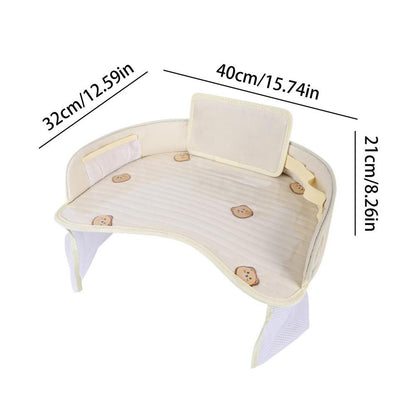 Kids Car Seat Travel Tray - Waterproof Lap Desk with Storage Pockets (Beige Bear - Round)