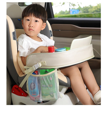 Kids Car Seat Travel Tray - Waterproof Lap Desk with Storage Pockets (Beige Bear - Round)