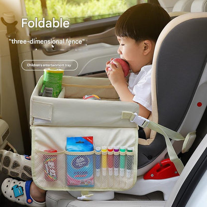 Kids Car Seat Travel Tray - Waterproof Lap Desk with Storage Pockets (Beige Bear - Square)