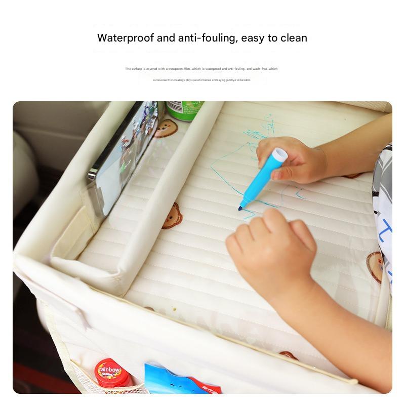 Kids Car Seat Travel Tray - Waterproof Lap Desk with Storage Pockets (Beige Bear - Square)