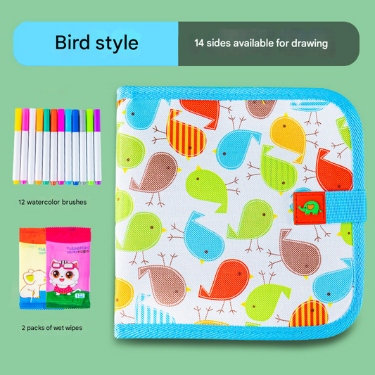 Little bird Portable Reusable Drawing Board for Kids - erasable Doodle Book with Water Chalk Pens - Toddler Travel Activity Toy