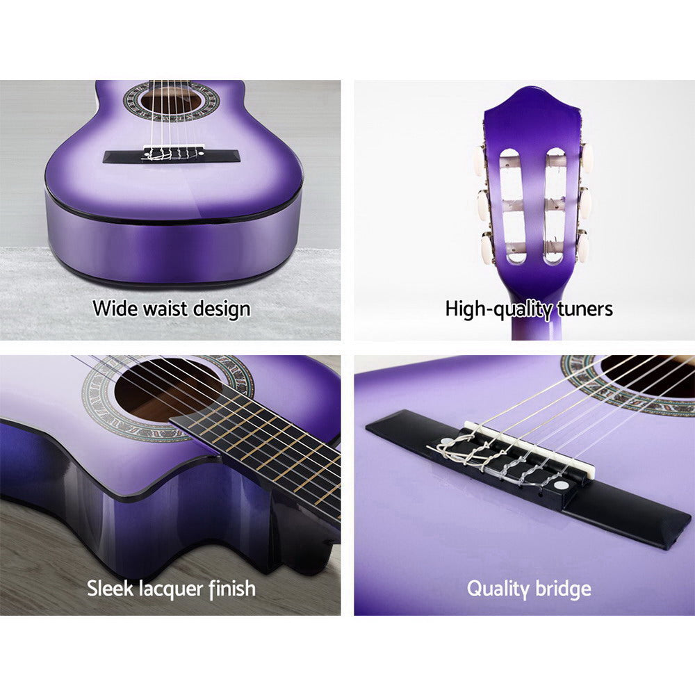 Alpha 34" Inch Guitar Classical Acoustic Cutaway Wooden Ideal Kids Gift Children 1/2 Size Purple