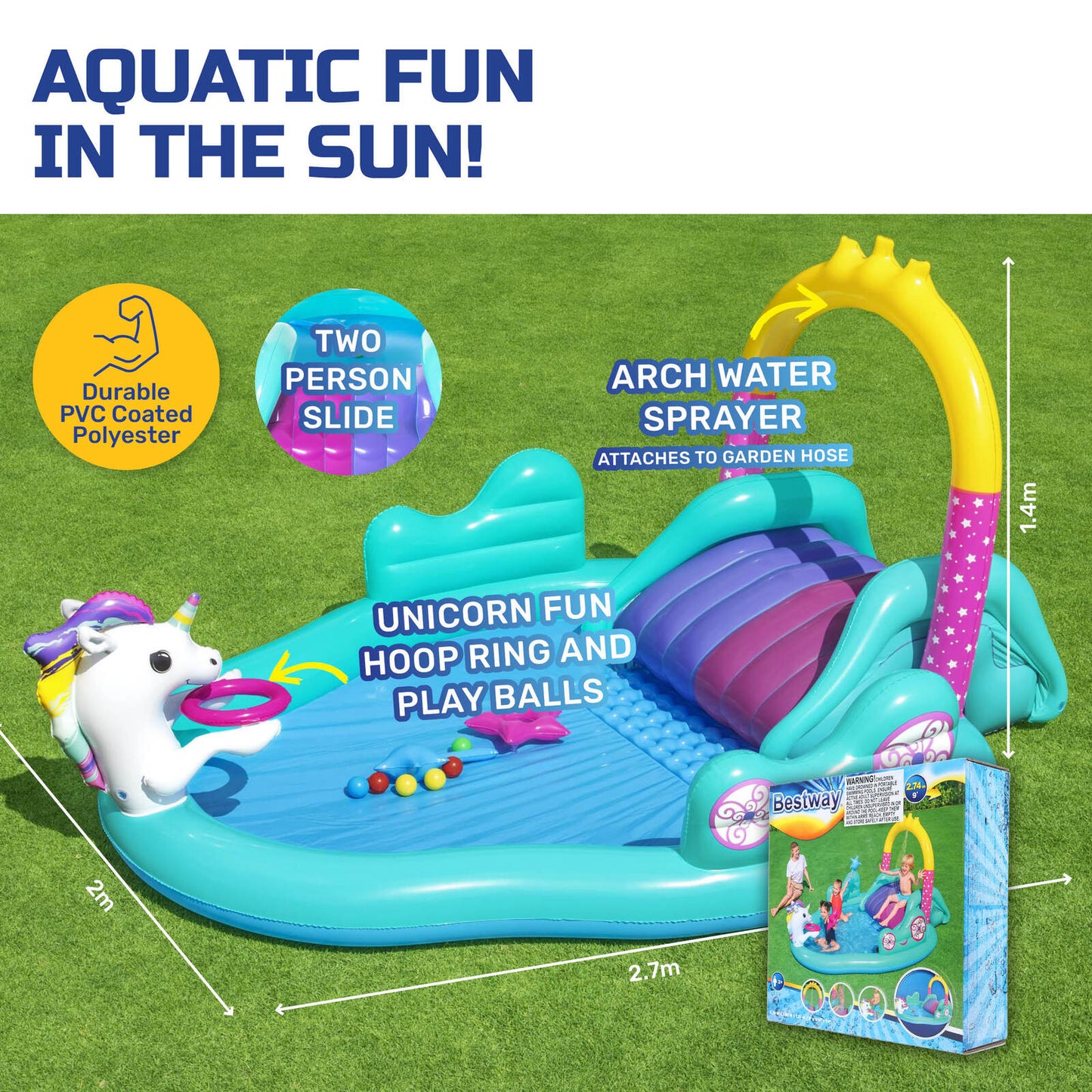 Bestway Inflatable Unicorn Themed Mini Water Fun Park Pool With Slide 220L